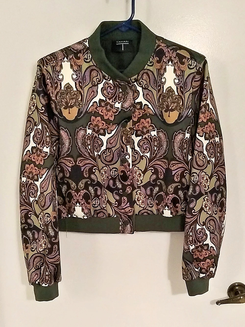 Tahari Paisley Bomber Jacket in Black & Green